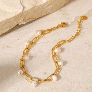 NEW - Gold Plated Stainless Steel Simple Pearl Cross Chain Double-Layer Bracelet